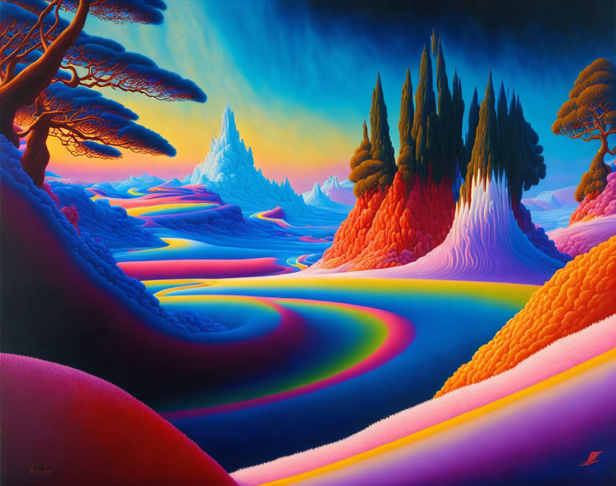 Colorful surreal landscape painting with swirling patterns, fantastical trees, and gradient sky