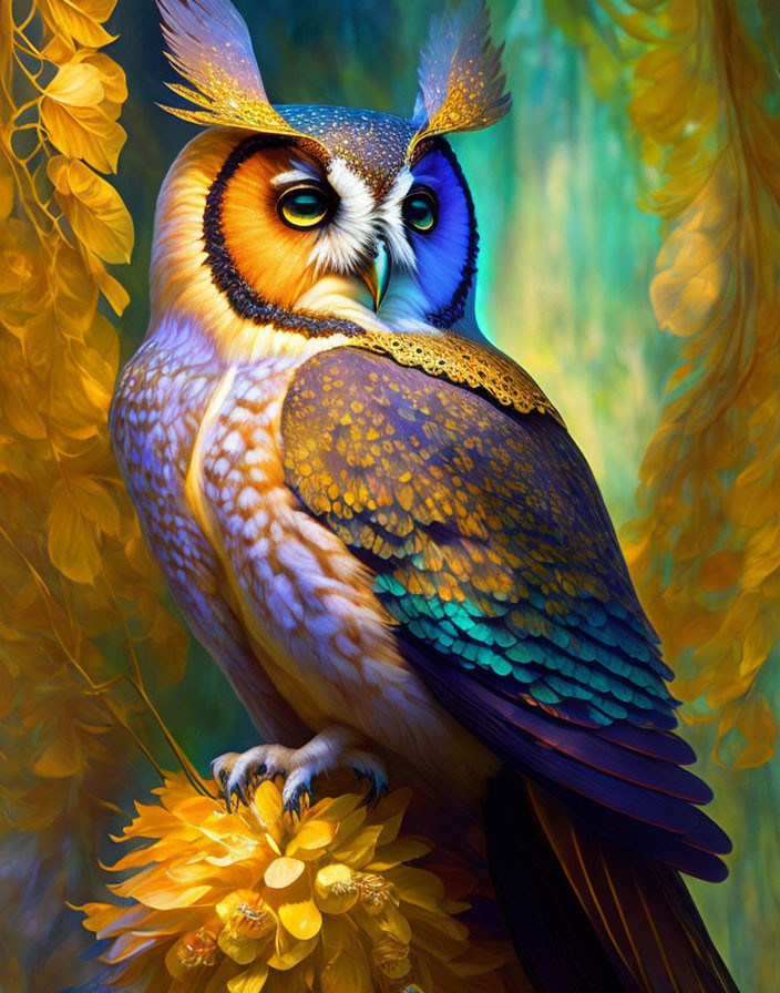 Colorful Owl Artwork Among Golden Foliage