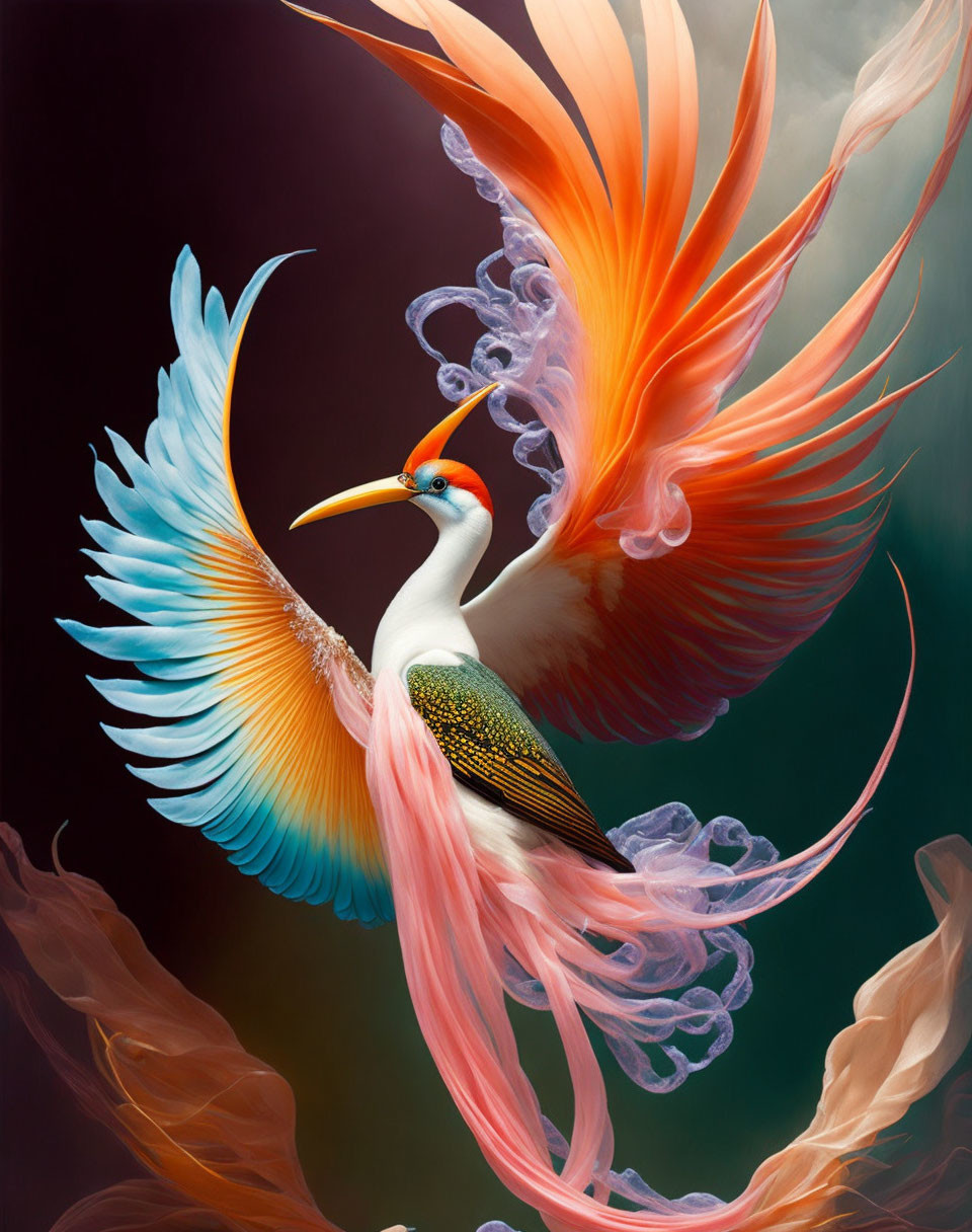 Colorful fantastical bird with white body and vibrant feathers