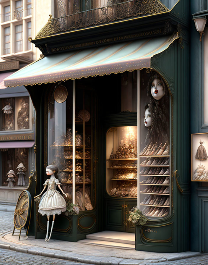 Elegant doll shop with ornate exterior in vintage street scene