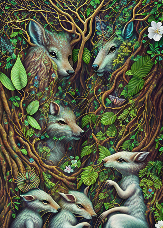 Detailed forest scene with camouflaged deer and hidden wildlife.