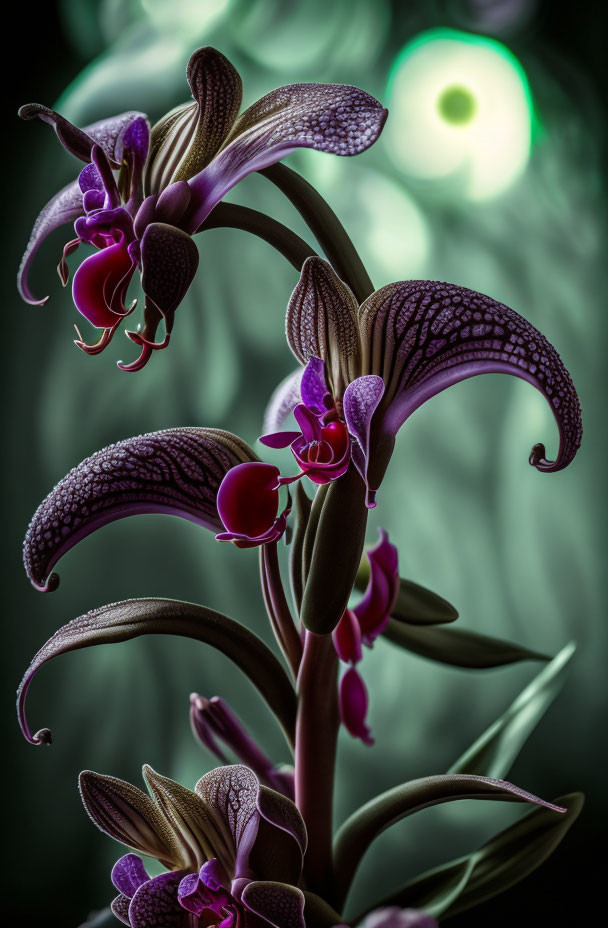 Dark Purple Orchid with Intricate Patterns on Soft Green Background