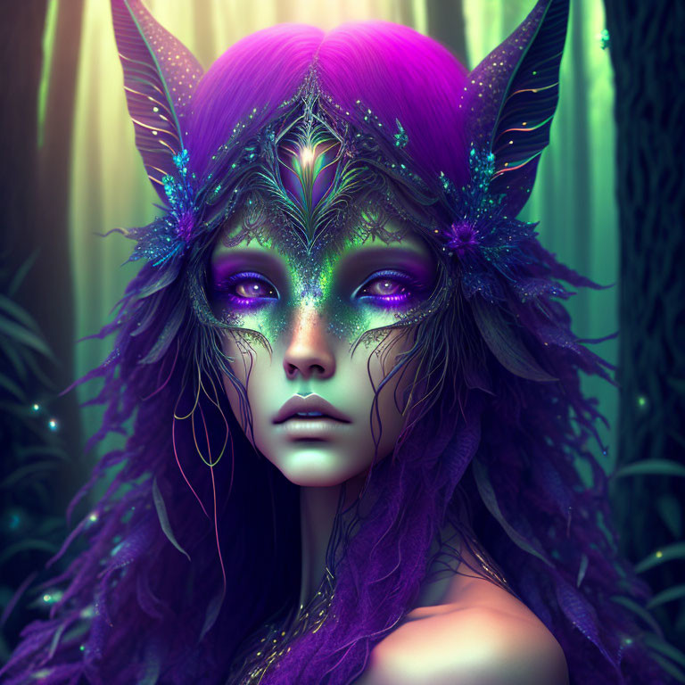 Fantastical character with purple hair and mask in mystical forest