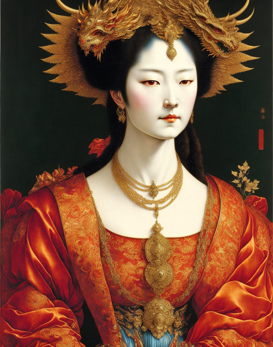 Portrait of Woman in Golden Dragon Headdress and Ornate Orange Attire