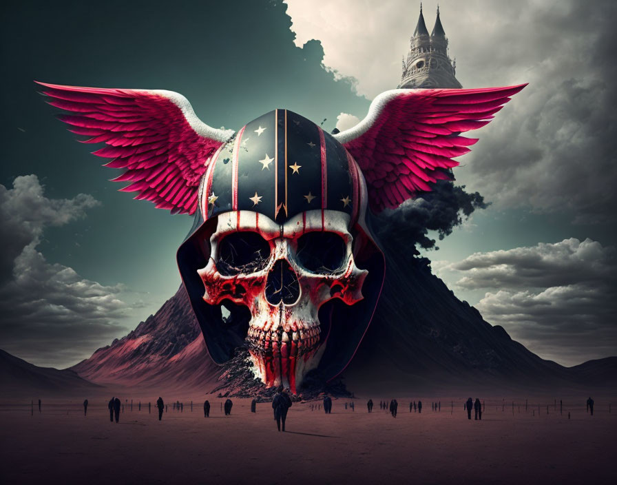 Surreal artwork: giant winged skull over desolate landscape