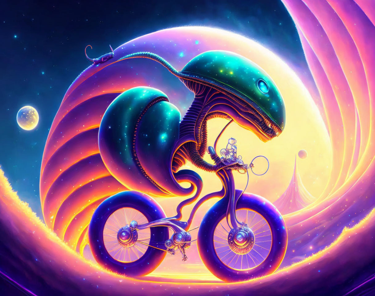 Colorful anthropomorphic chameleon on bicycle in cosmic scene