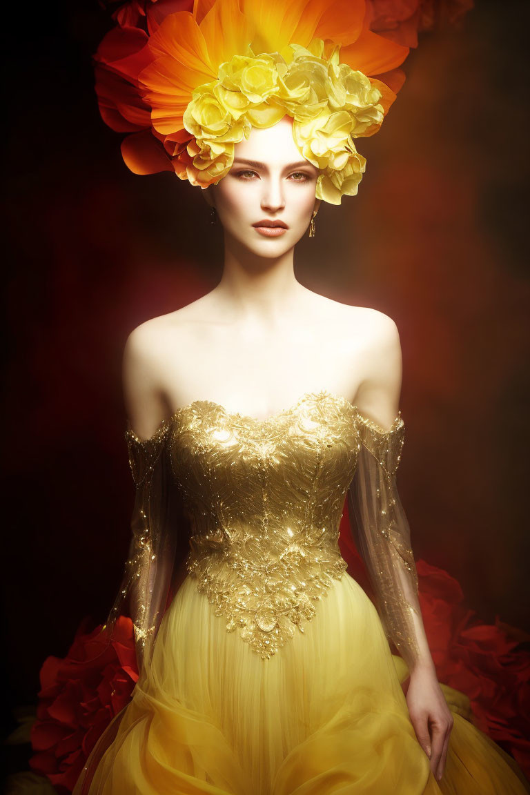 Woman in Vibrant Yellow Dress with Floral Headpiece on Dark Background