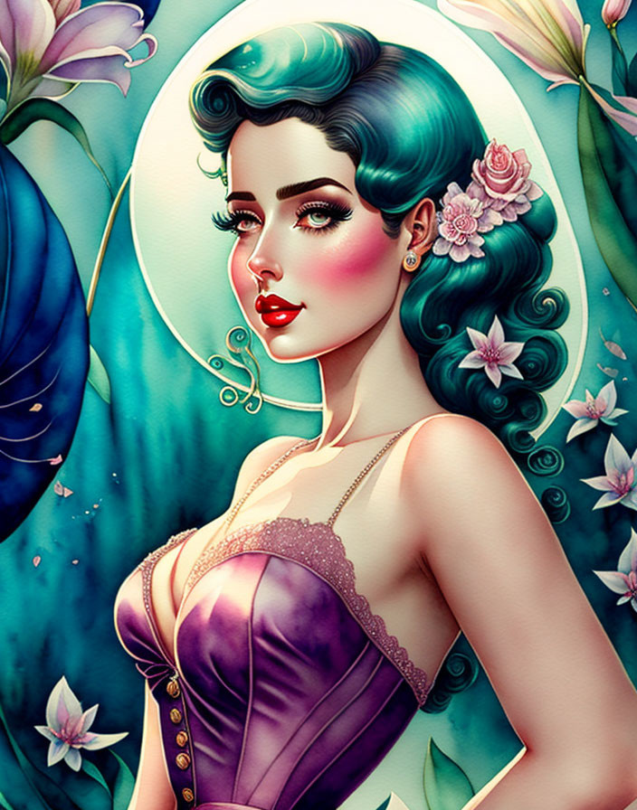 Teal-haired woman in purple corset on floral background