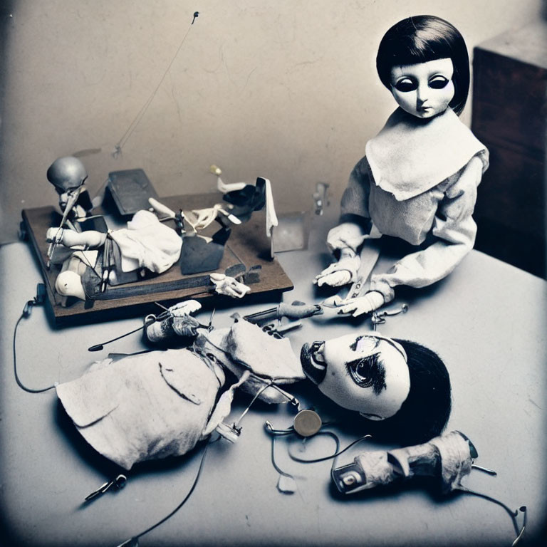 Vintage-style photo of dismembered doll on table with miniature tools