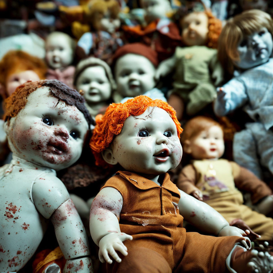 Assorted weathered dolls with varied expressions and clothing