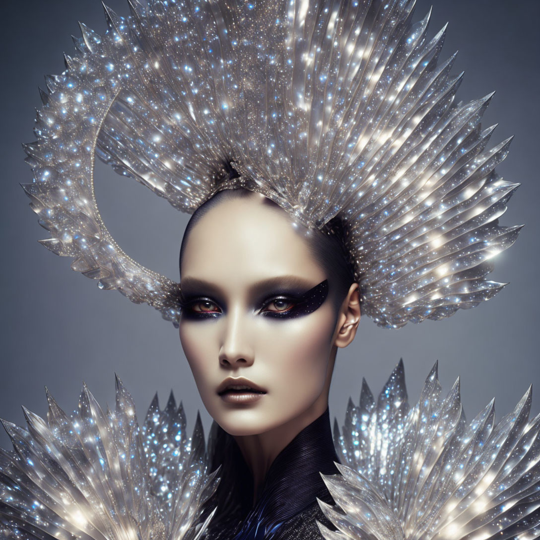 Person with Dramatic Makeup and Futuristic Sparkling Headpiece