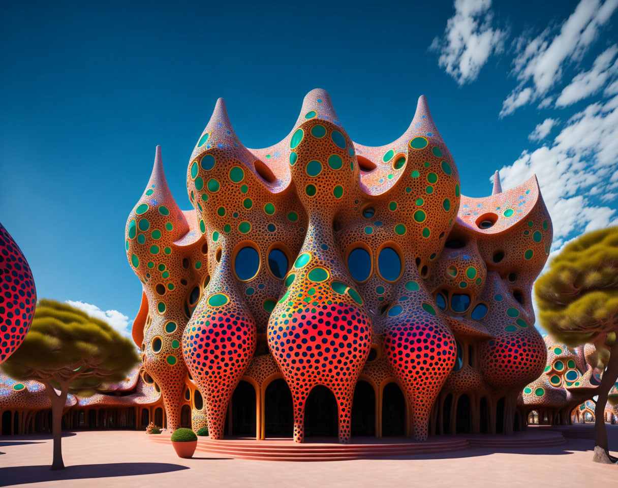 Colorful, Dotted Patterns on Futuristic Organic Building Under Blue Sky