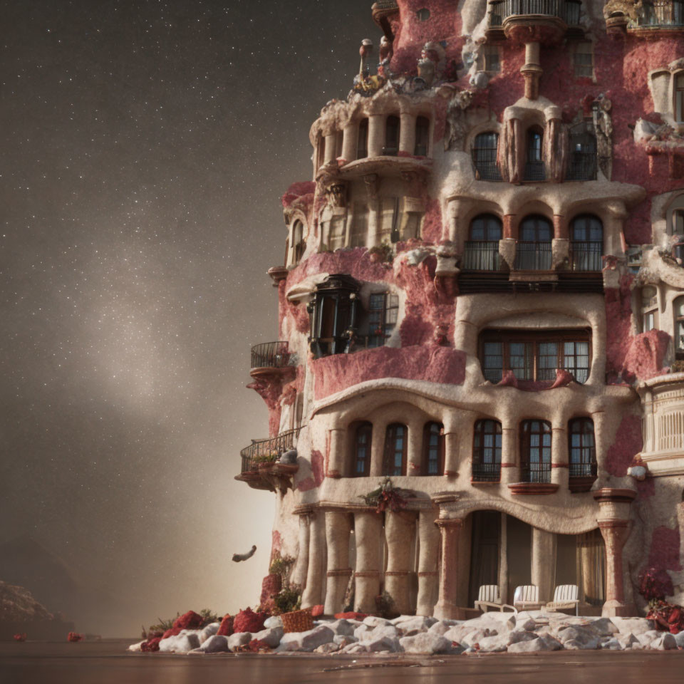 Whimsical architecture of ornate building under starry sky