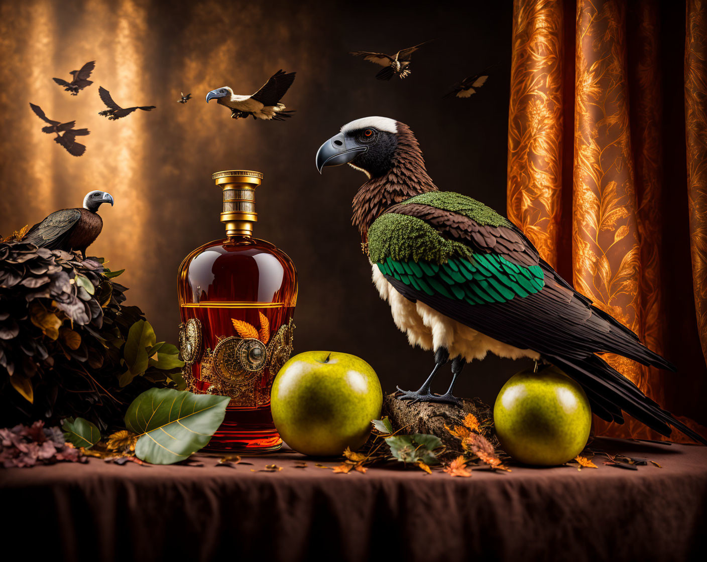 Still Life Composition: Liquor Bottle, Apples, Leaves, and Ornate Bird