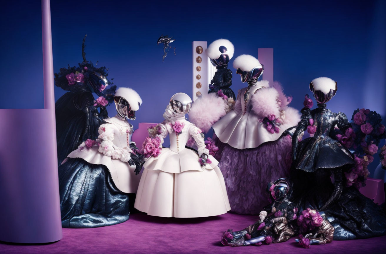 Futuristic fashion presentation with models in avant-garde outfits and masks on purple backdrop.