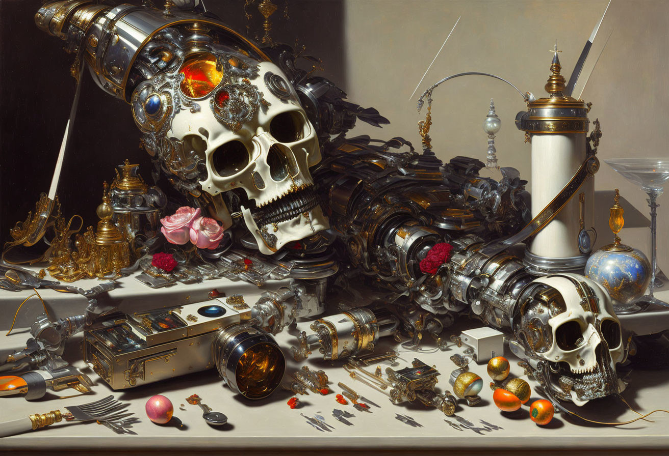 Robotic skull with metallic artifacts, roses, fruits, and mechanical parts in classical still life.