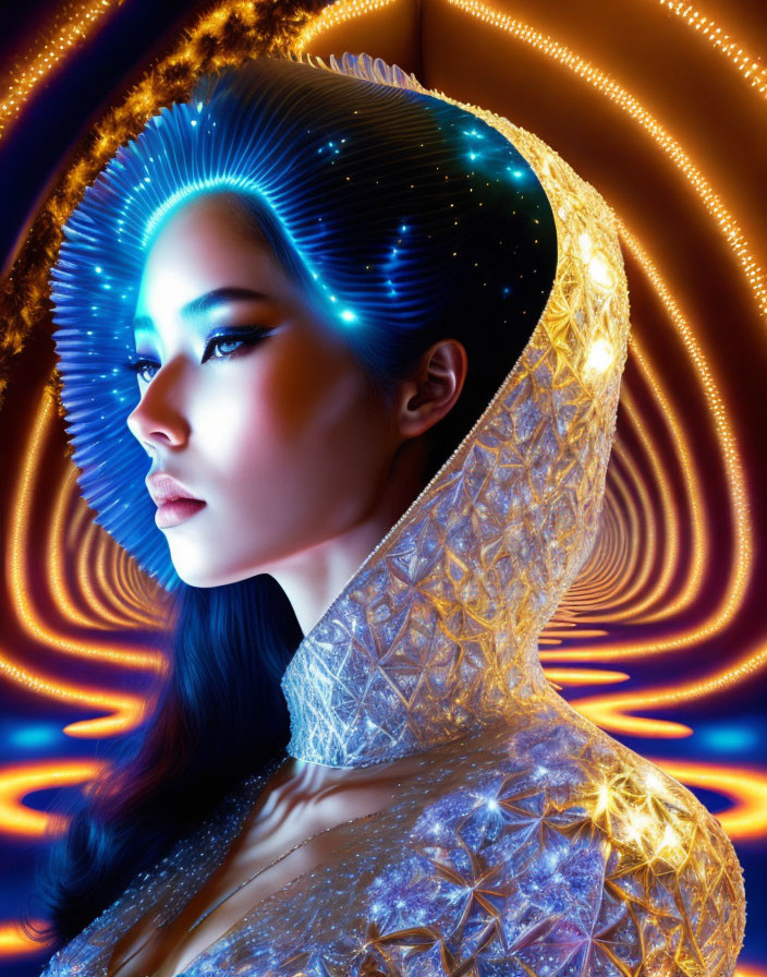 Portrait of woman with starry patterns on cloak against neon background