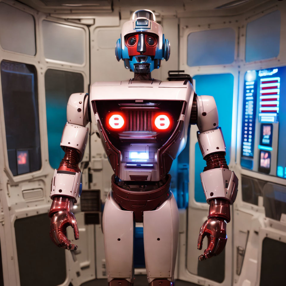 Red and White Humanoid Robot in Futuristic Spacecraft Interior