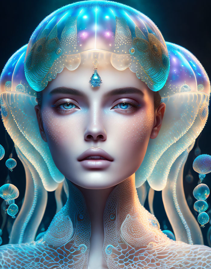 Bioluminescent jellyfish-inspired headdress on woman in surreal portrait