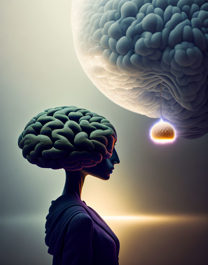 Illustration of person with brain head and giant glowing brain pendant.