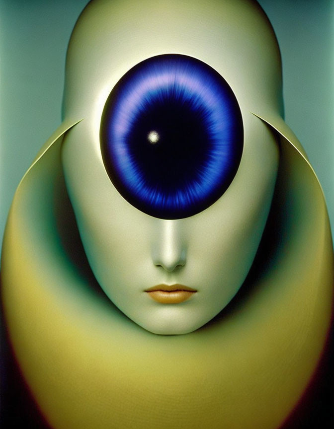 Surreal artwork featuring face with central blue eye and halos