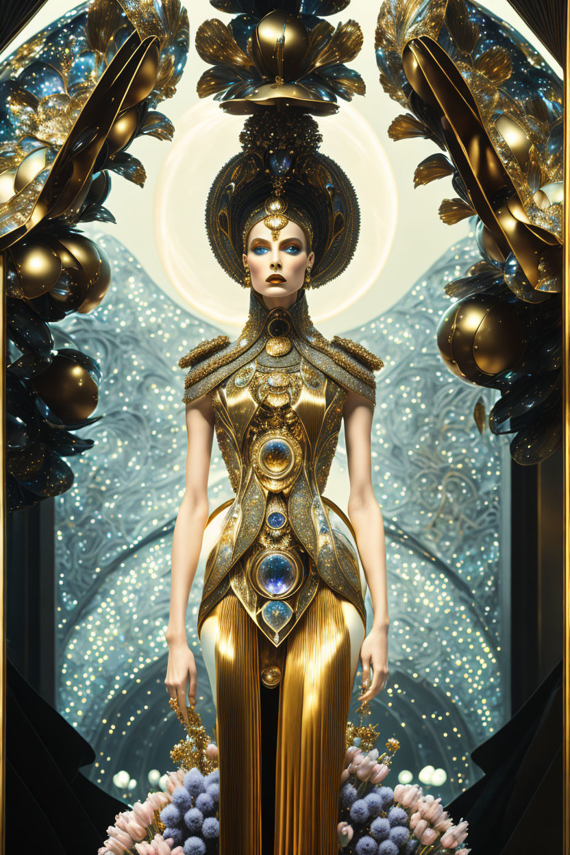 Regal Figure in Gold and Blue Costume with Celestial Motifs