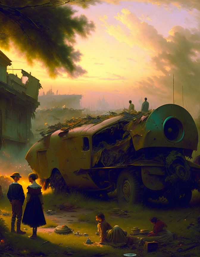 Abandoned futuristic vehicle in post-apocalyptic setting with children playing under dramatic sky