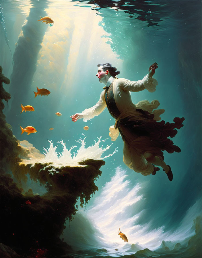 Woman in vintage attire underwater with fish and rays of light.