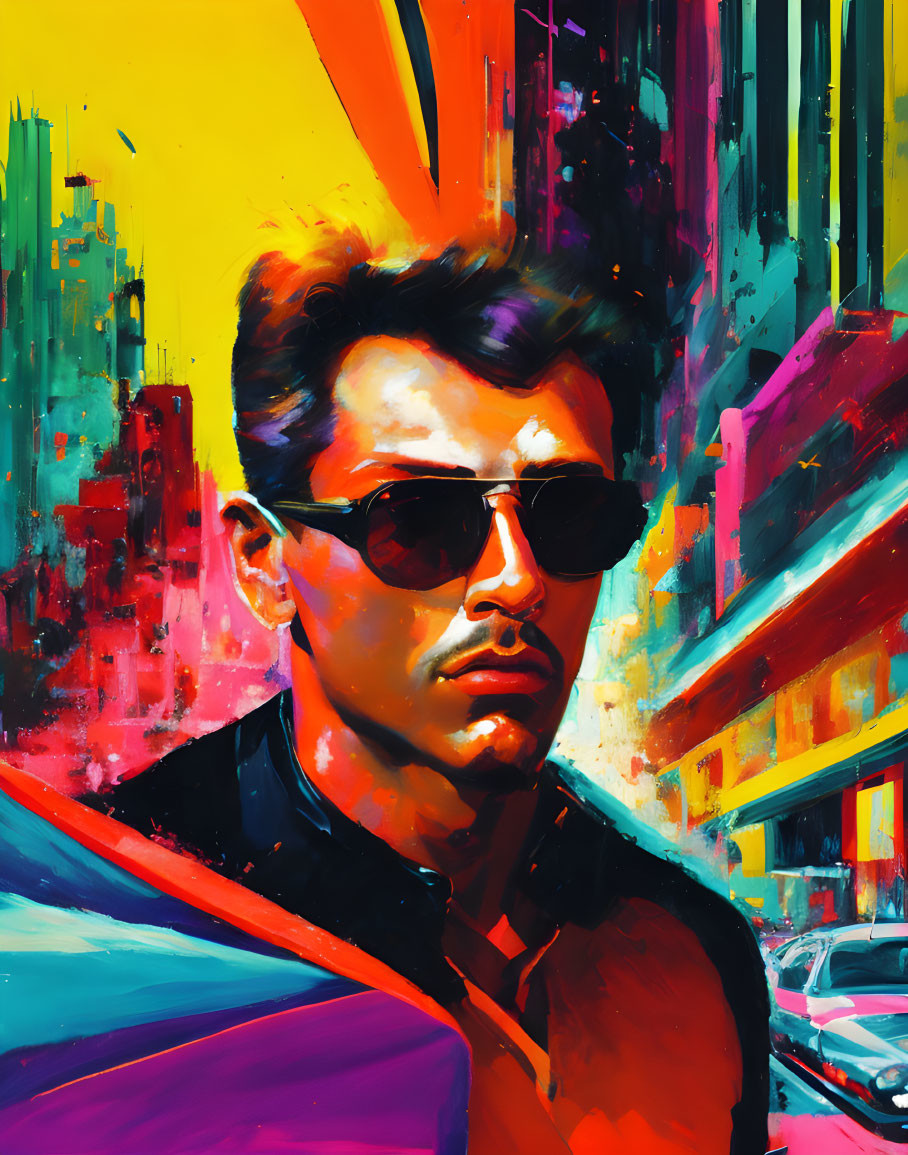 Neon-colored artwork featuring man with slicked-back hair and sunglasses