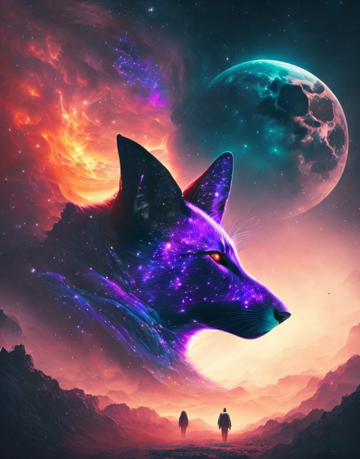 Surreal cosmic scene with giant wolf's head, person, companion, and oversized moon against inter