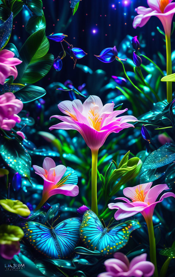 Neon-lit garden with blooming flowers and butterflies