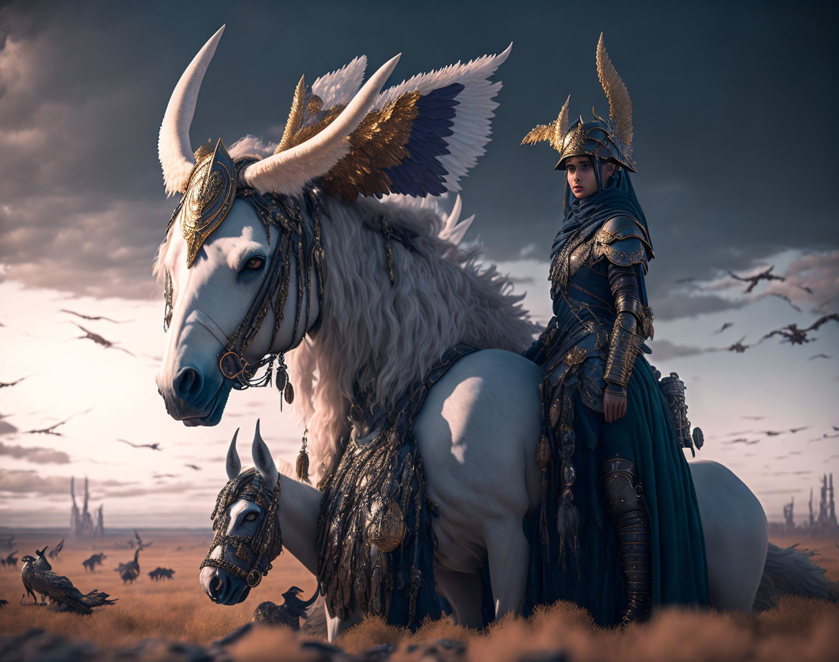 Ornate armored warrior with white steed in barren landscape