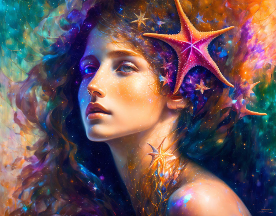 Vibrant portrait of woman with starfish in cosmic aura