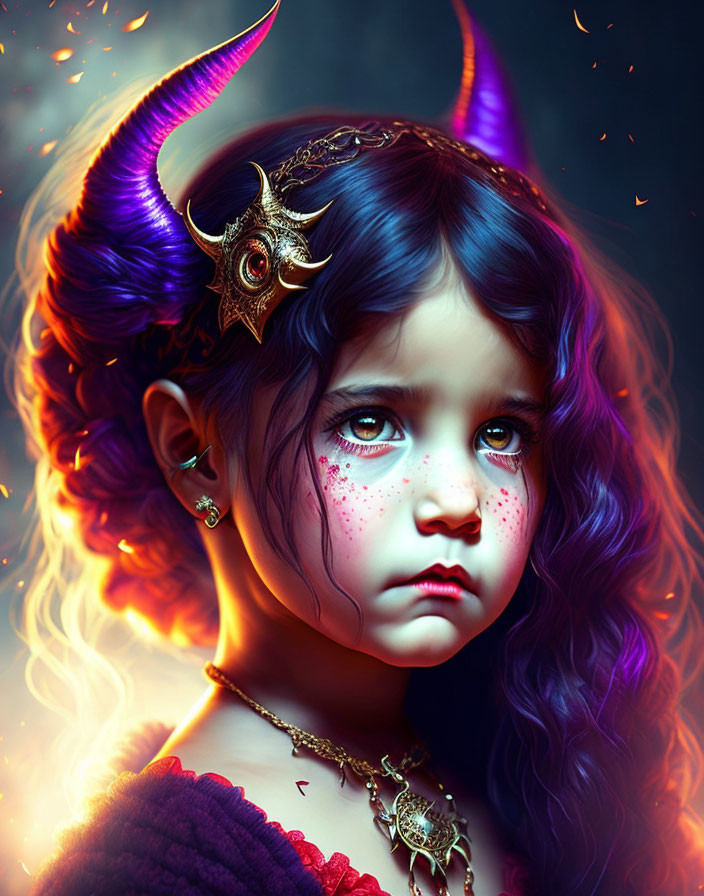 Young girl with blue eyes, purple hair, horned headdress, and freckles.