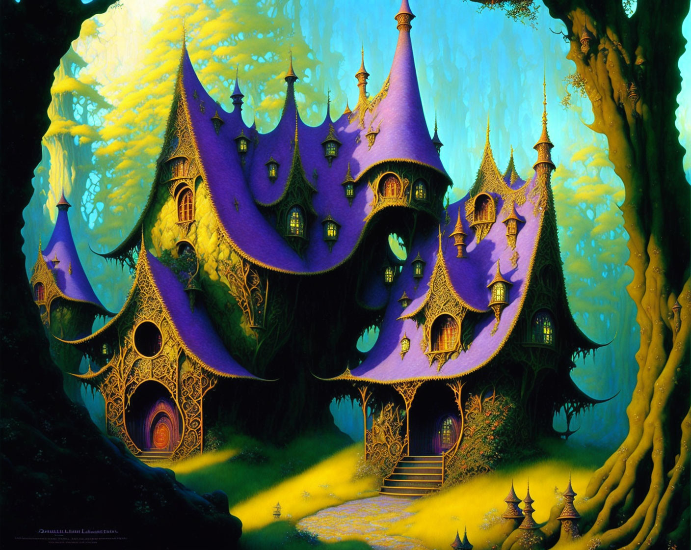 Violet castle with spires in yellow forest under blue sky