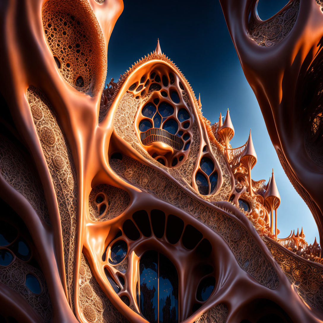 Intricate Orange Fractal Patterns on Blue Sky