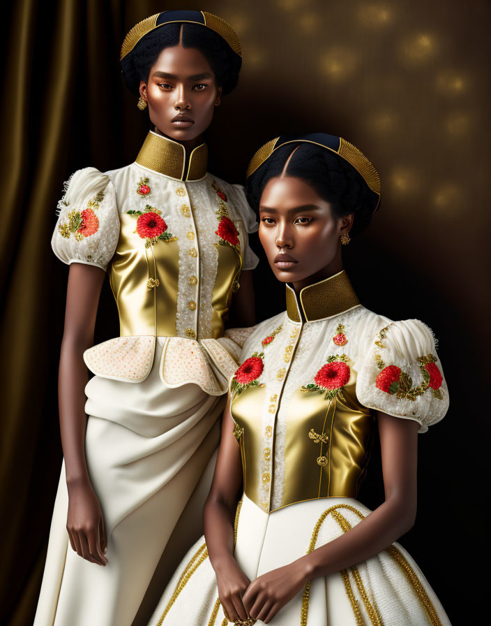 Two women in elegant gold and white outfits with floral accents and regal headpieces on brown backdrop