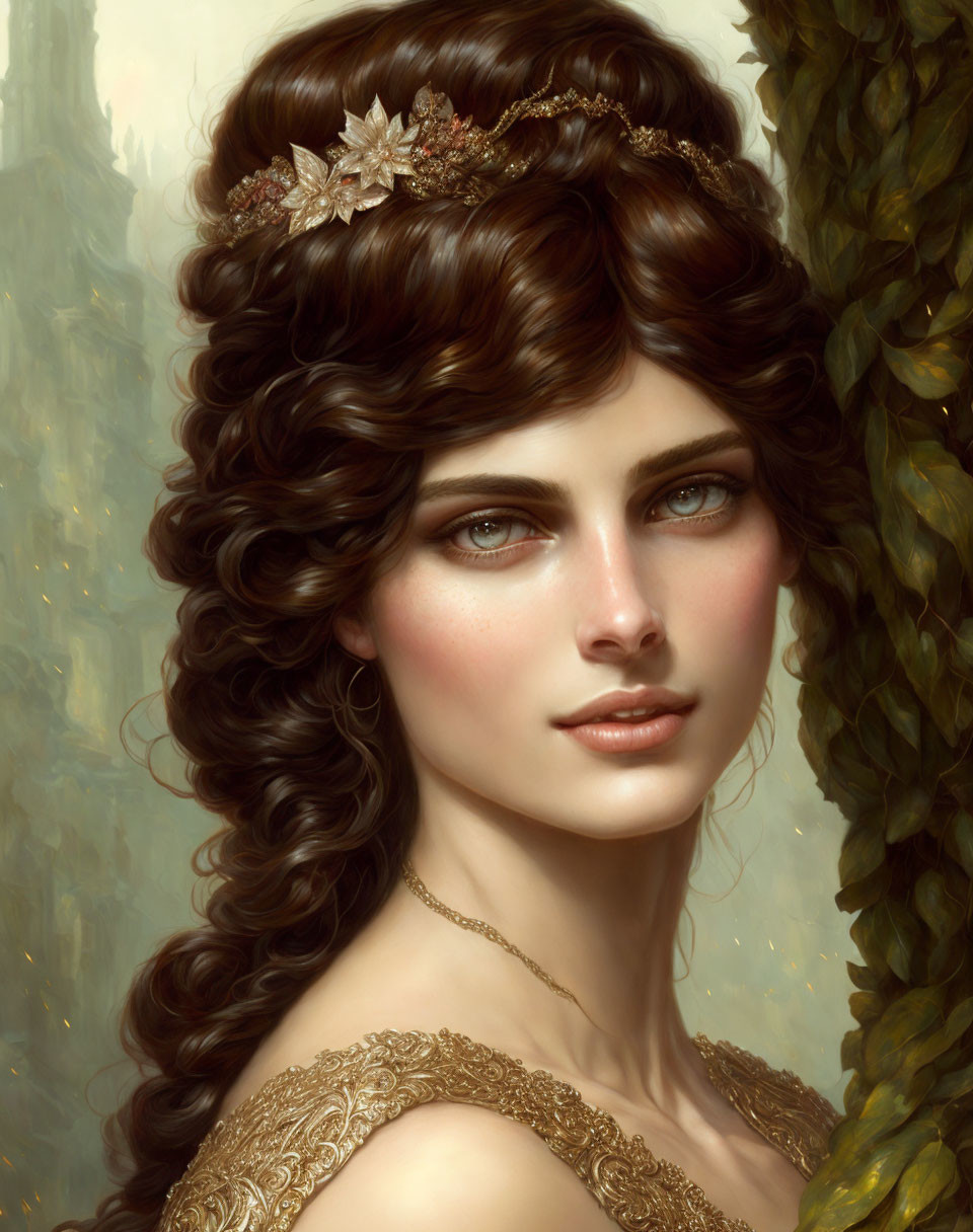 Woman with Curly Hair and Leafy Tiara in Serene Pose against Blurred Background