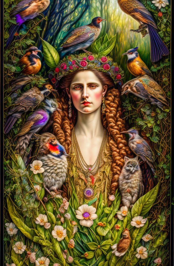 Detailed Artwork of Woman with Braided Hair and Floral Crown surrounded by Birds and Foliage