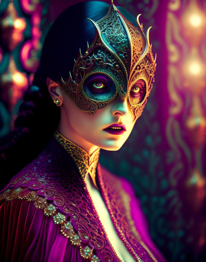 Intricately designed mask against bokeh light backdrop