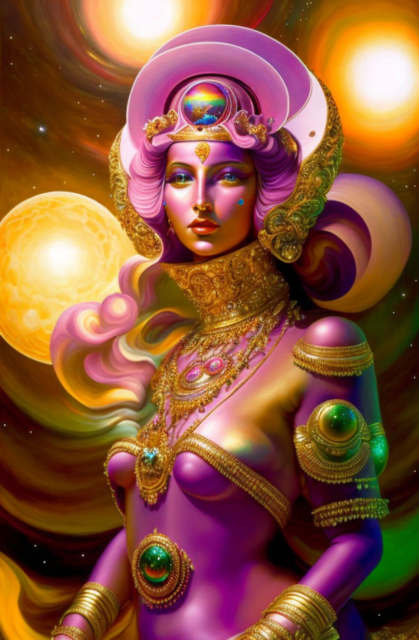 Vibrant painting of stylized feminine figure with purple skin and cosmic background