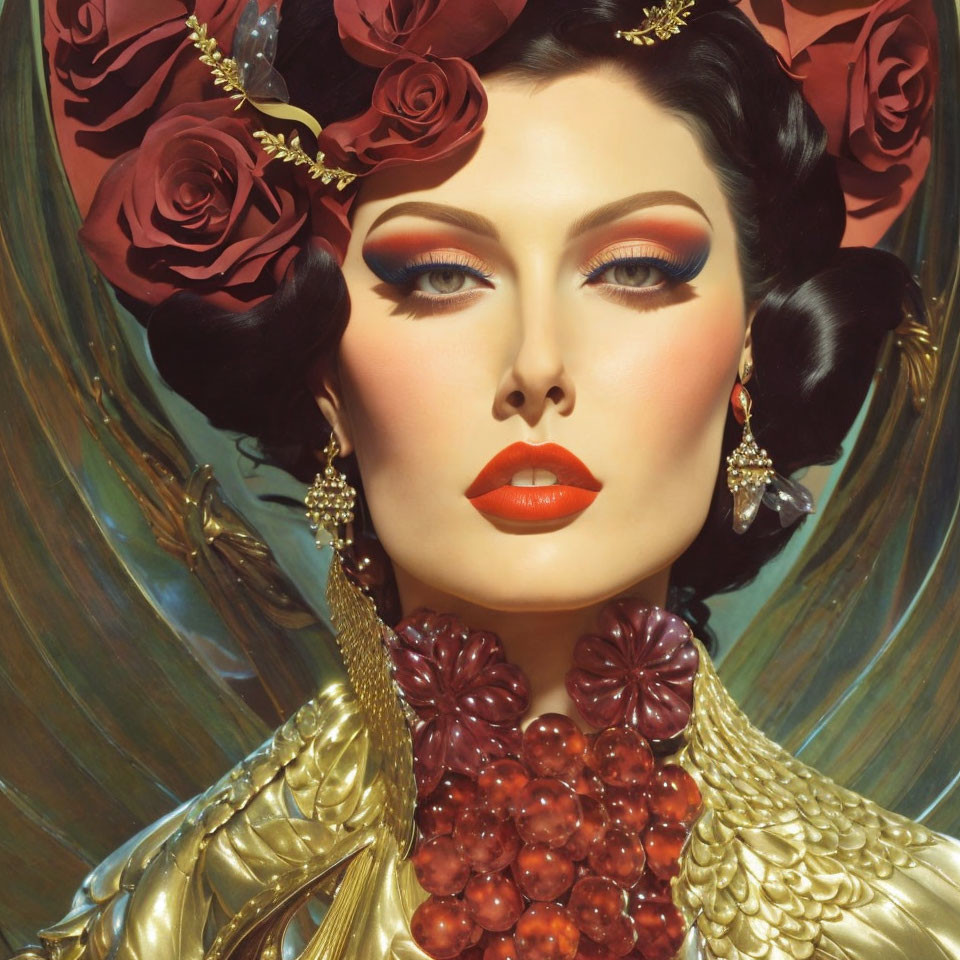 Woman with Dramatic Makeup, Red Flowers, Golden Attire, and Red Bead Necklace