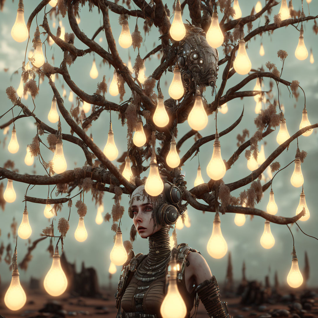 Cyborg woman with ornate headgear under glowing fruit tree at dusk