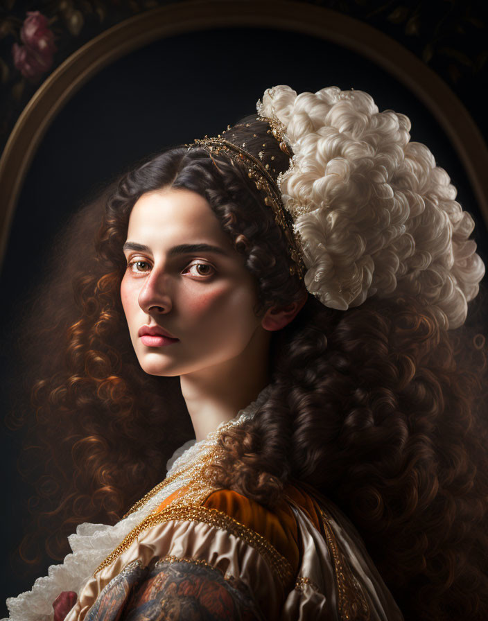 Regal woman with curly hair in gold tiara and historical dress