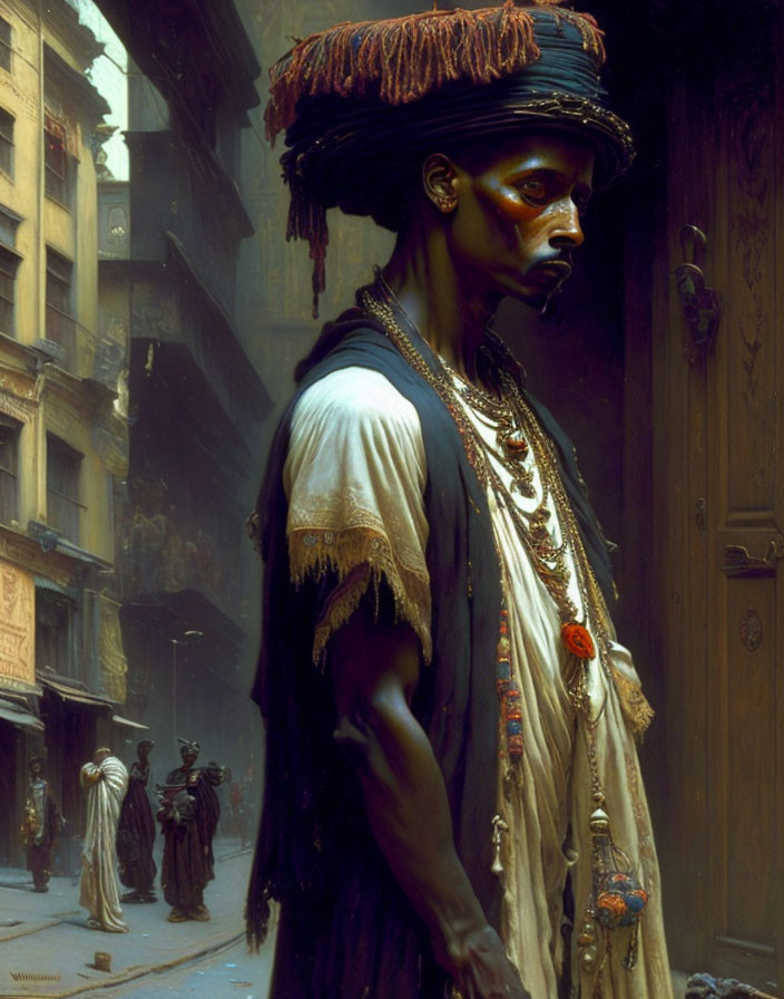 Mysterious figure in turban with intricate jewelry in narrow alleyway