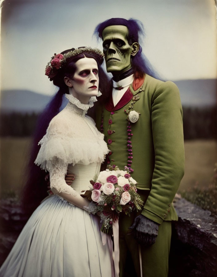 Two individuals in theatrical zombie makeup and vintage wedding attire in outdoor scene