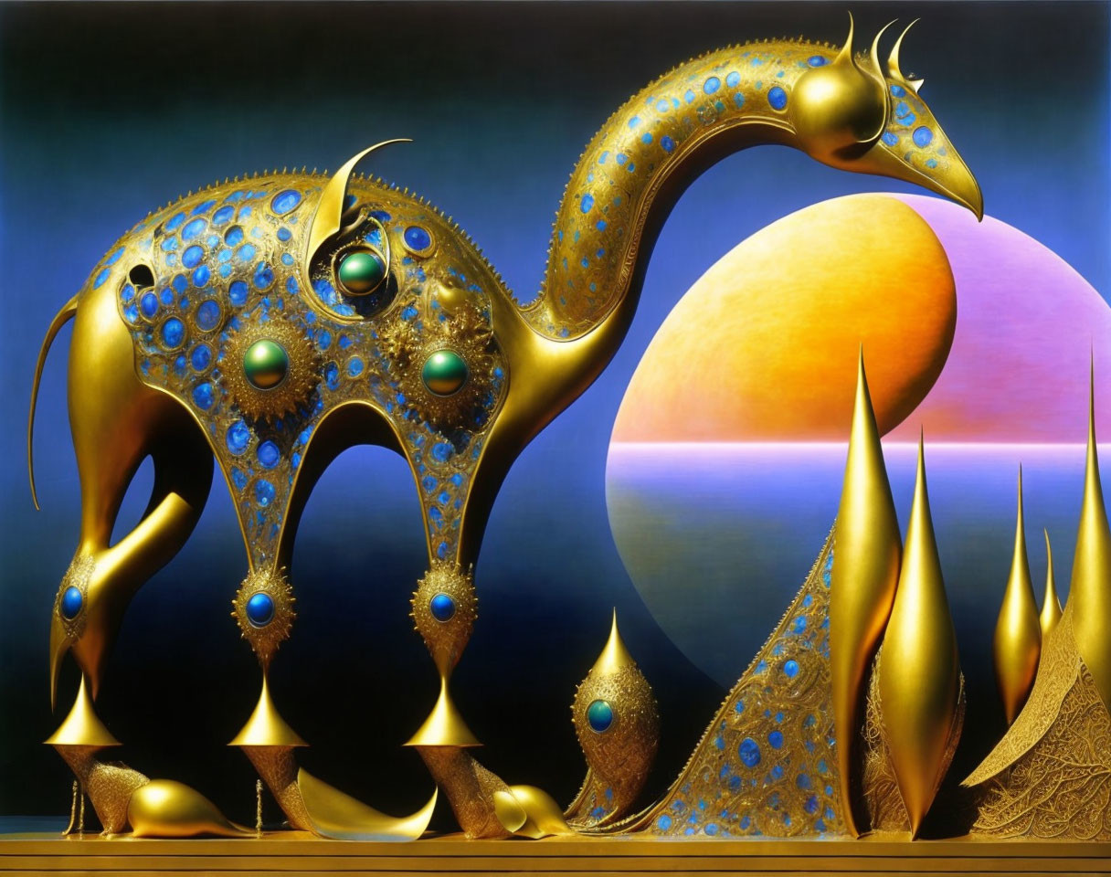 Golden ornate animal figure with jeweled accents in surreal artwork