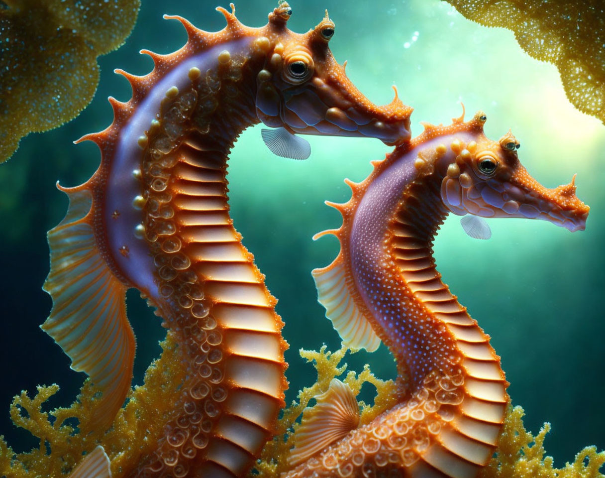 Orange Seahorses with Intricate Patterns Among Soft Coral and Aquatic Background