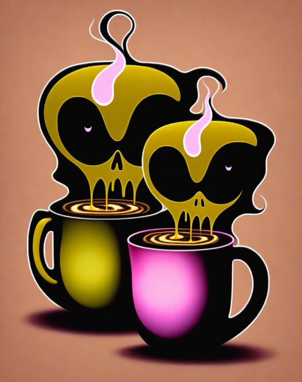 Skull-shaped yellow and pink cups with steam on brown background