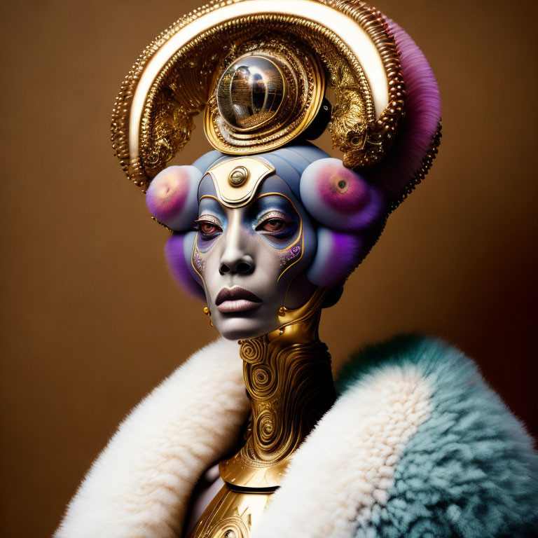 Futuristic female figure with robotic headpiece and golden features